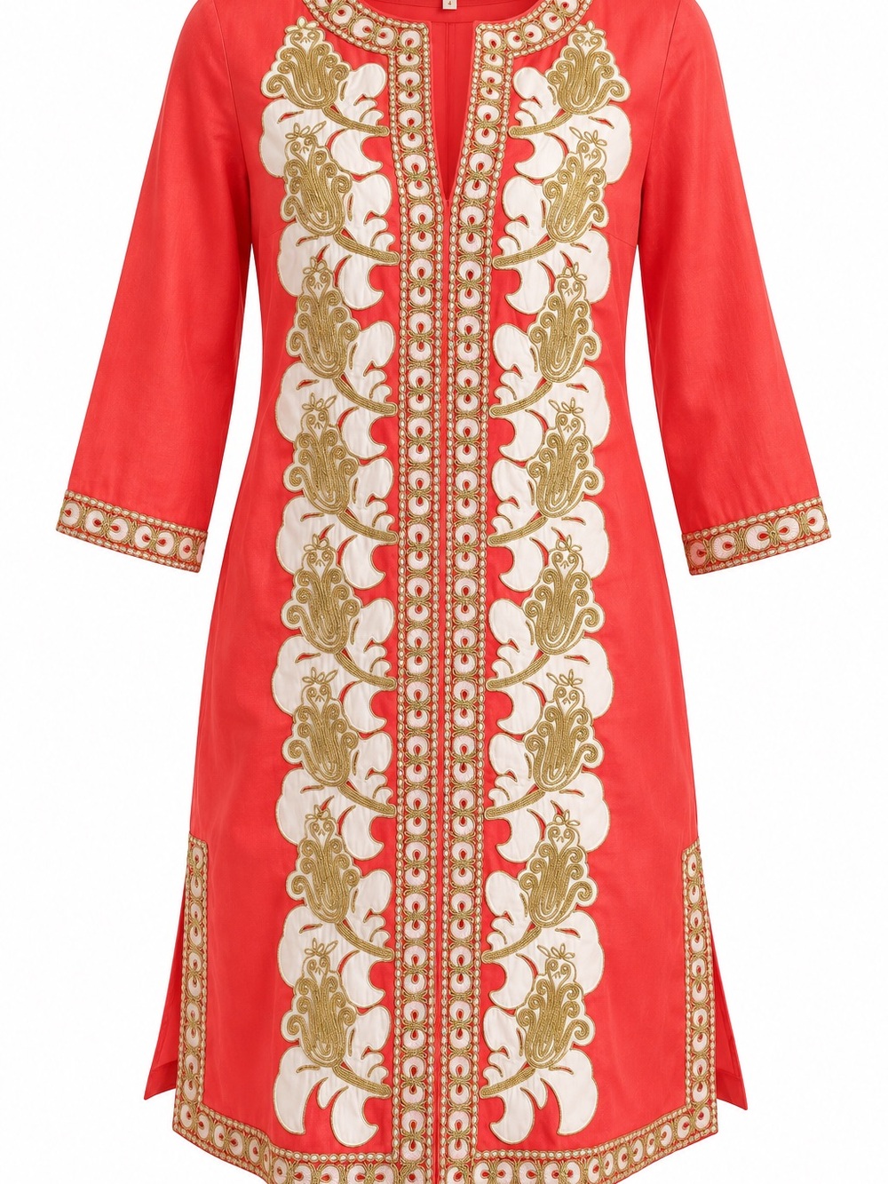 Tory Burch Coral Tunic Dress with Gold & White Embroidery